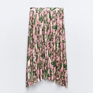 Zara Pleated Skirt and Top, Green and Pink Floral, Size Small